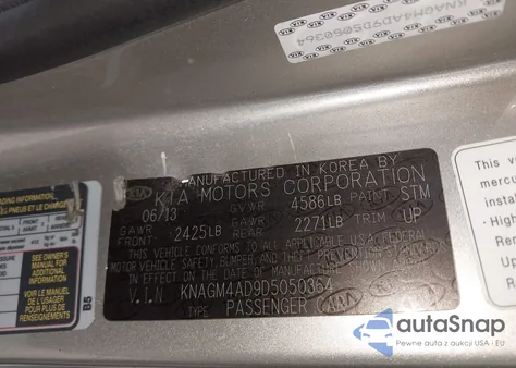 2013 Kia Optima Ex z USA, uszkodzony, nr VIN KNAGM4AD9D5050364